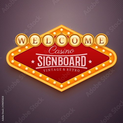 Casino light sign. Wall signage with marquee lights. Casino, theater, cinema or club decor. Retro banner, frame with light bulbs. Vector illustration of vintage signboard for posters and other ads.