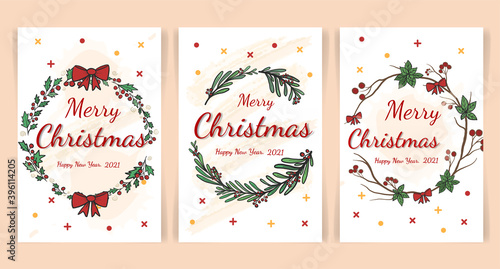 Set of Christmas and Happy New Year Card templates  Hand drawn style. Vector design element.