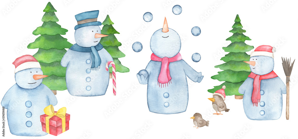 Watercolor hand drawn New Year card with a cute Snowman in the hats, Christmas trees, gift boxes and snow.