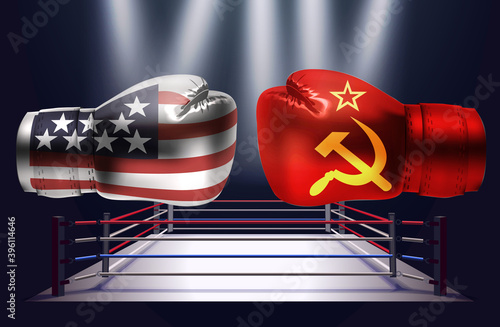 Boxing gloves with prints of the USA and the USSR flags facing each other on a ring lit by spotlights, realistic vector illustration design