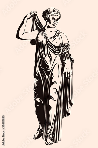 An ancient Greek woman stands and puts on a dress. Figure isolated on beige background.