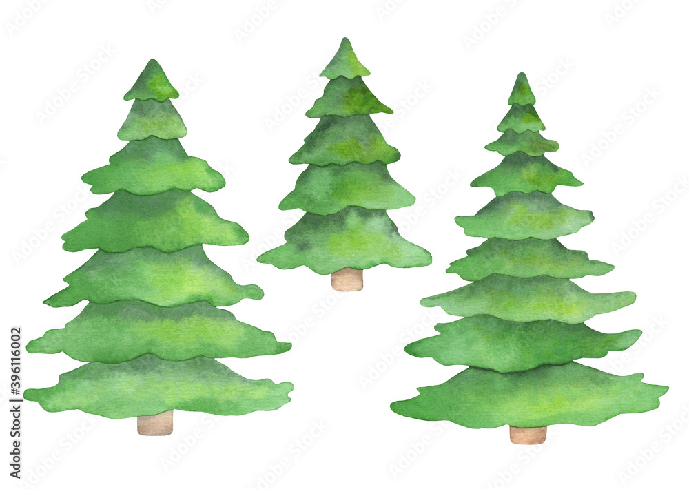 Watercolor green Christmas trees isolated on white background