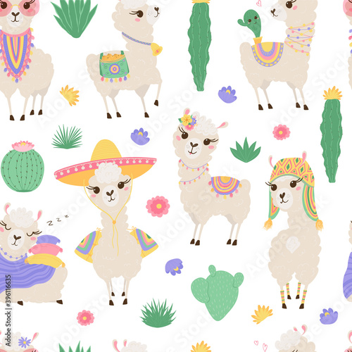 Seamless pattern with cute llamas and cacti. Background with funny Alpaca babies for textiles, children's clothing, Wallpaper. Vector illustration
