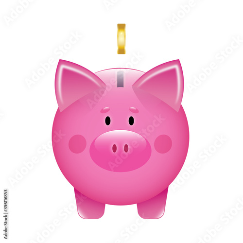 Piggy bank with golden coin. Icon in a cartoon style. concept of banking or business services. Vector illustration.