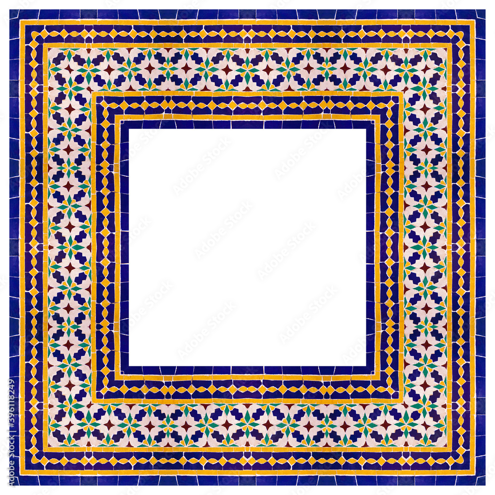 Frame composition of typical maroccan wall decorations with colored ceramic tiles called azulejos with a geometric design - concept image with copy space Frame composition of typical maroccan wall decorations with colored ceramic tiles called azulejos with a geometric design - concept image with copy space