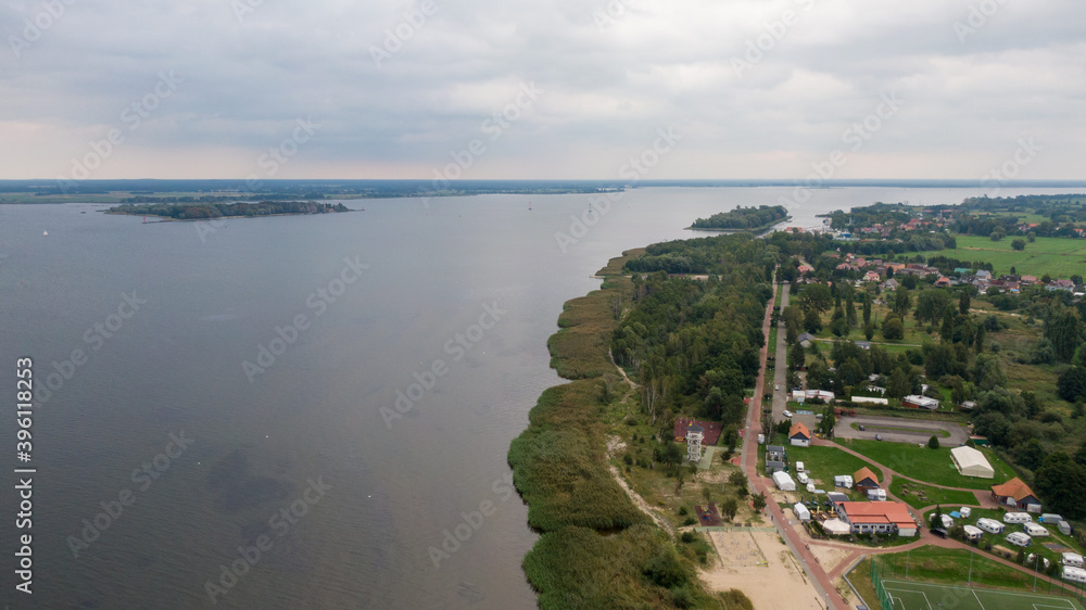 Trzebiez, Poland. Aerial view on coast of Zalew Szczecinski and forest. Drone photo 