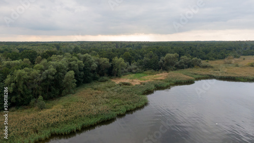 Trzebiez  Poland. Aerial view on coast of Zalew Szczecinski and forest. Drone photo 