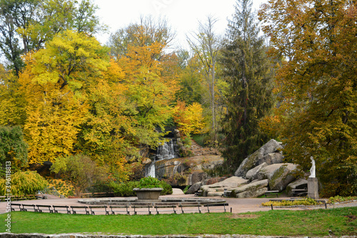 Autumn colors in the National Dendrology Park of Sofiyivka  Uman  Ukraine. Waterfall in the park.
