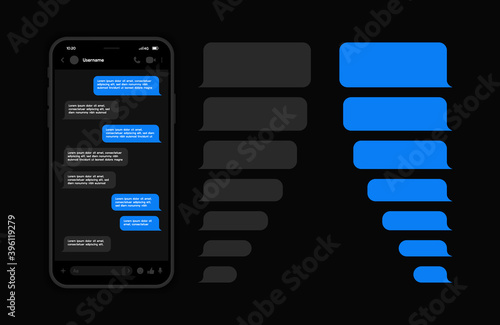 Messenger UI and UX Concept with dark interface. Smart Phone with messenger chat screen. Sms template bubbles for compose dialogues. Vector illustration