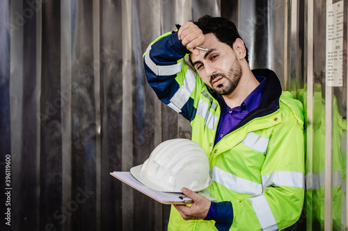 Vászonkép Tired worker, engineer headache hot weather over heat unhealthy working in heavy industry factory