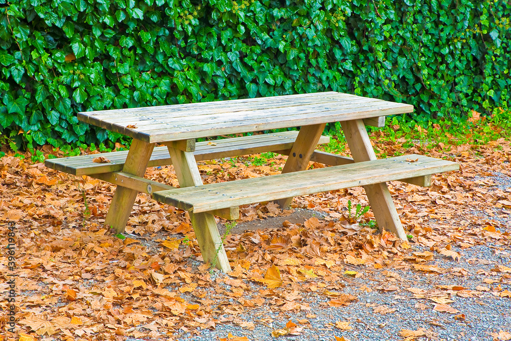 Wooden picnic table in a public park with dry leaves on the ground Wooden picnic table in a public park with dry leaves on the ground
