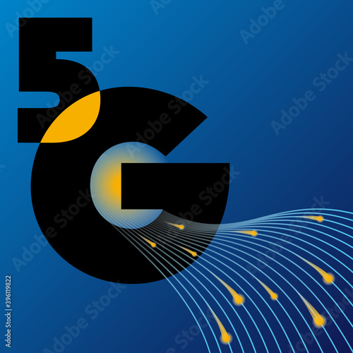 Logo technologique pour la 5G avec un graphisme et une typographie fort et dynamique noir et orange sur fond bleu.