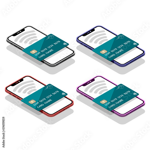 Smartphone with a payment card on the screen. Сard in your e-wallet. Сontactless payment method. Payment using NFC technology on your smartphone. Vector illustration isolated on a white background.