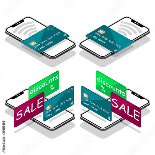 Electronic wallet on smartphone vector icon. Different cards in one device are always at hand.