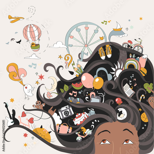 Celebration life - African American girl with objects stock illustration. Africa, DiverCity Tokyo, Women, Child, African-American Ethnicity photo