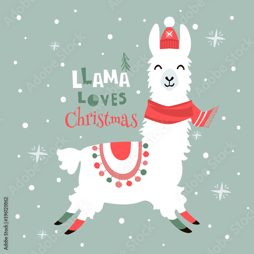 Christmas card with llama. Merry Christmas card stock illustration. Albino, Alpaca, Animal, Animal Wildlife, Antler