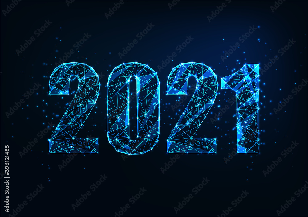Futuristic New Year digital web banner template with glowing low polygonal 2021 number on dark blue - obrazy, fototapety, plakaty 