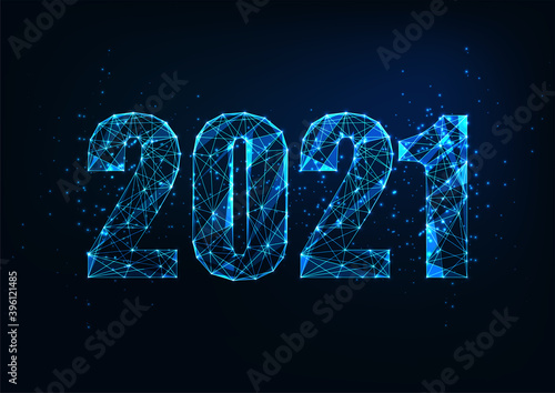 Futuristic New Year digital web banner template with glowing low polygonal 2021 number on dark blue