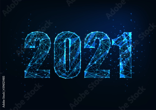 Futuristic New Year digital web banner template with glowing low polygonal 2021 number on dark blue