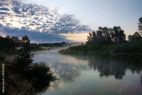 Morning on the river early morning reeds mist fog and water surface on the river.