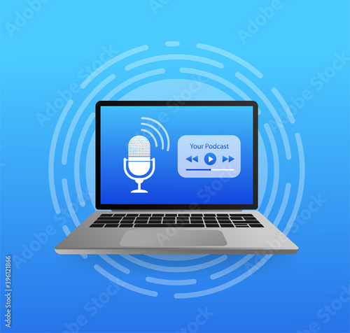 Design template with podcast display. Mobile interface design. Laptop screen. Template media player. Podcast icon vector.