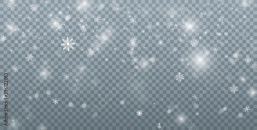 Snowfall background. Christmas snow. Falling snowflakes on transparent background. Xmas holiday decoration. Vector illustration