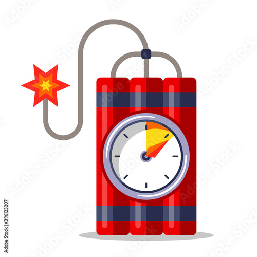 red dynamite with a stopwatch and a burning wick. the bomb will go off soon. flat vector illustration isolated on white background.