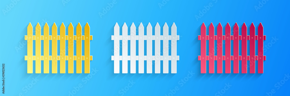 Paper cut Fence wooden icon isolated on blue background. Garden fence sign. Paper art style. Vector. Paper cut Fence wooden icon isolated on blue background. Garden fence sign. Paper art style. Vector.
