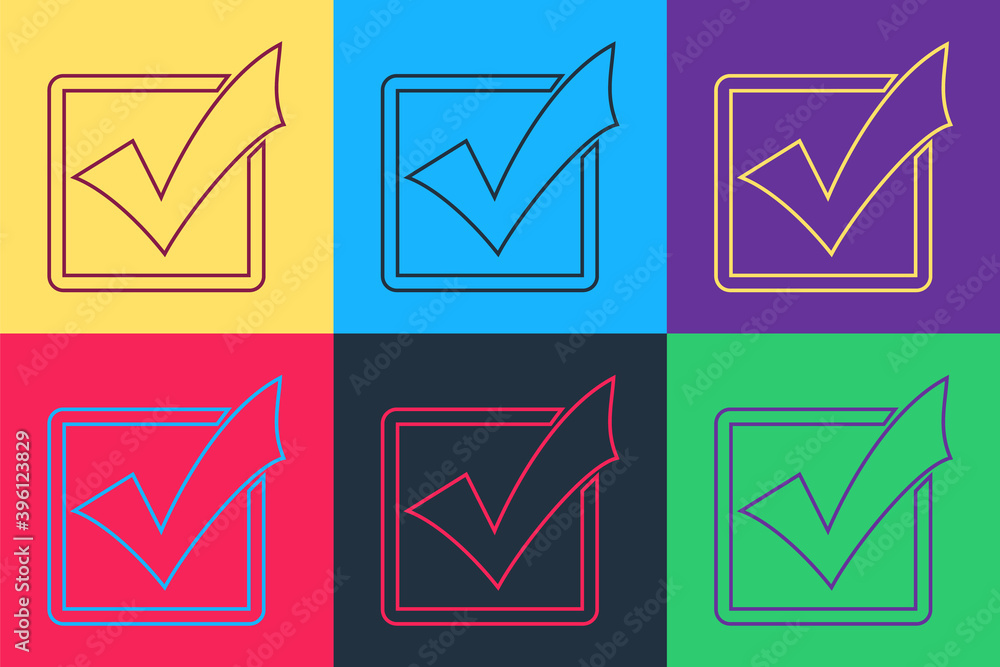 Pop art Check mark in a box line icon isolated on color background. Tick symbol. Check list button sign. Vector. Pop art Check mark in a box line icon isolated on color background. Tick symbol. Check list button sign. Vector.