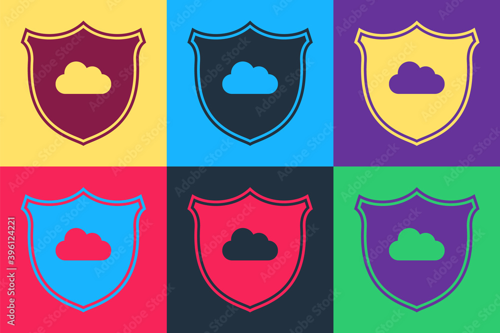 Pop art Cloud and shield icon isolated on color background. Cloud storage data protection. Security, safety, protection, privacy concept. Vector.