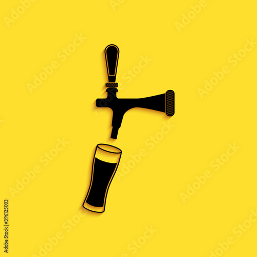 Black Beer tap with glass icon isolated on yellow background. Long shadow style. Vector.