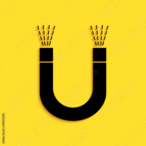 Black Magnet icon isolated on yellow background. Horseshoe magnet, magnetism, magnetize, attraction. Long shadow style. Vector.