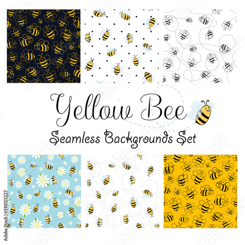 Happy flying bees, flat design cute vector illustration , seamless patterns set, bee collection, ouline, yellow, polka dot, daisies, black and white.
