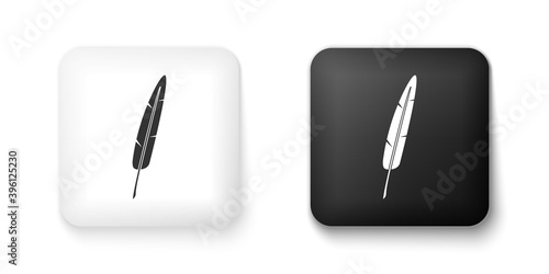 Black and white Feather pen icon isolated on white background. Square button. Vector.