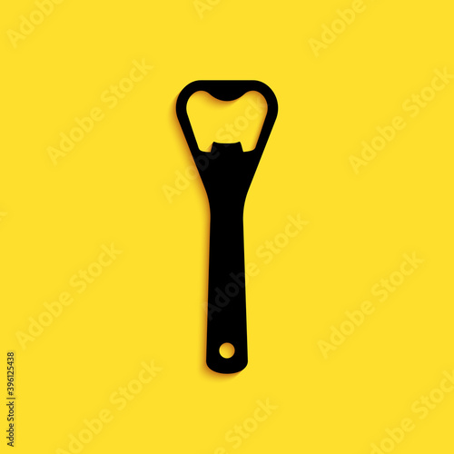 Black Bottle opener icon isolated on yellow background. Long shadow style. Vector.