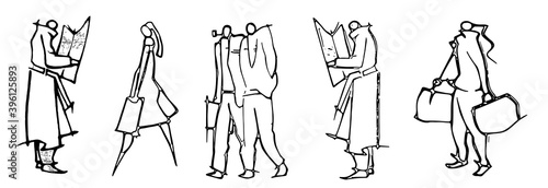 Bandeau contenant des personnages au crayon, stylisé, lisant un journal, avec des valises