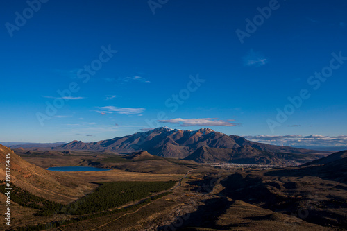 Panoramic view of Esquel valley with blue sky and clouds, Patagonia, Argentina
