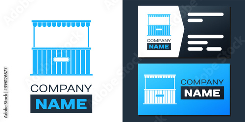 Logotype Street stall with awning and wooden rack icon isolated on white background. Kiosk with wooden rack. Logo design template element. Vector.
