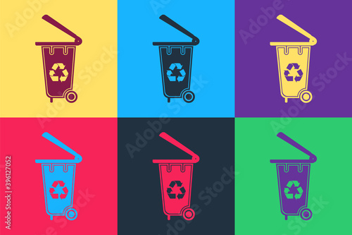 Pop art Recycle bin with recycle symbol icon isolated on color background. Trash can icon. Garbage bin sign. Recycle basket icon. Vector.
