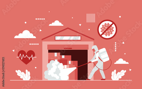 Warehouse disinfection from covid19 coronavirus concept vector illustration. Cartoon worker character with protective suit and gear spraying cleaning sanitize to kill virus pathogen in storehouse