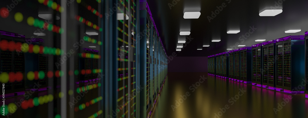 Server room data center. Backup, mining, hosting, mainframe, farm and computer rack with storage information. 3d render