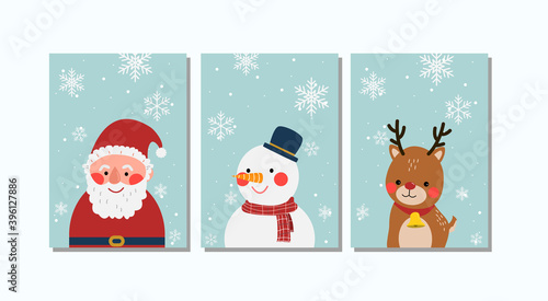 Santa Claus and snowman and reindeer card collection with snowflake background.
