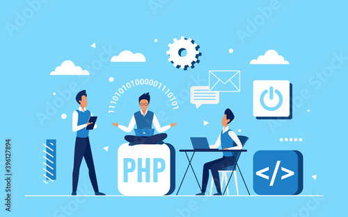 Programmer coder people team work on application development vector illustration. Cartoon tiny engineer developer characters programming and coding, teamwork for web design code concept background