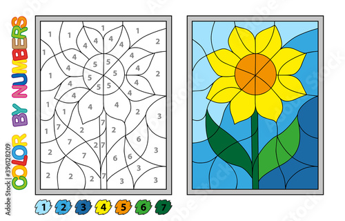 We paint by numbers. Puzzle game for children education. Numbers and colors for drawing and learning mathematics. Vector flowers