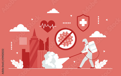 City disinfection from covid19 coronavirus concept vector illustration. Cartoon abstract cityscape, worker character disinfecting and corona virus cleaning, wearing protective hazmat suit background