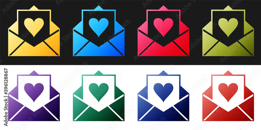 Set Envelope with Valentine heart icon isolated on black and white background. Letter love and romance. Vector. Set Envelope with Valentine heart icon isolated on black and white background. Letter love and romance. Vector.