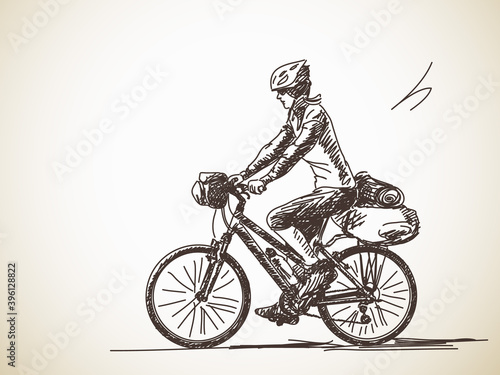 Sketch of Woman travel on bicycle Hand drawn vector illustration