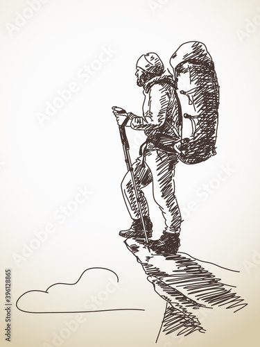 Sketch of man with backpack on top of mountain Hand drawn vector illustration