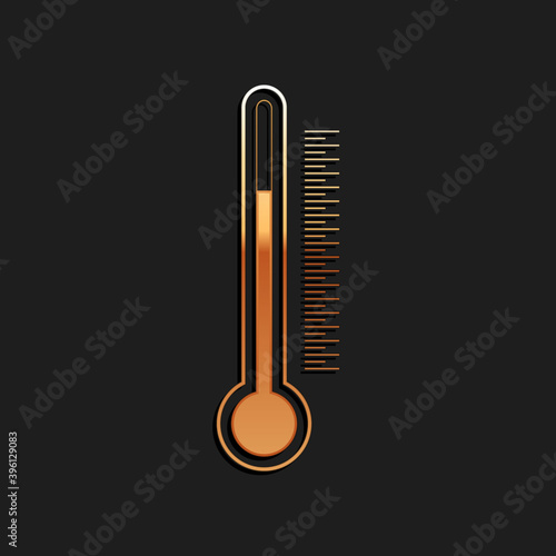 Gold Thermometer icon isolated on black background. Long shadow style. Vector.