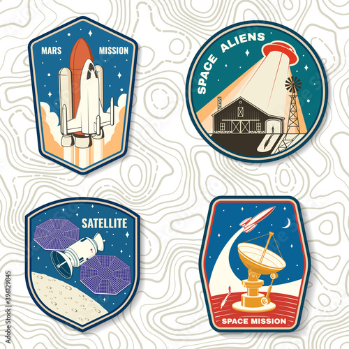 Set of space mission logo, badge, patch. Vector. Concept for shirt, print, stamp. Vintage typography design with space rocket, alien, ufo flying spaceship and satellite dishes silhouette.